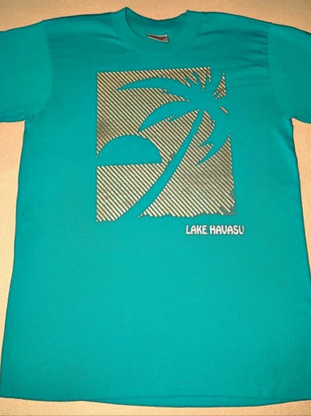 Vintage Oneita 50 Lake Havasu Palm Tree Graphic Teal Gold Single Stitch T shirt